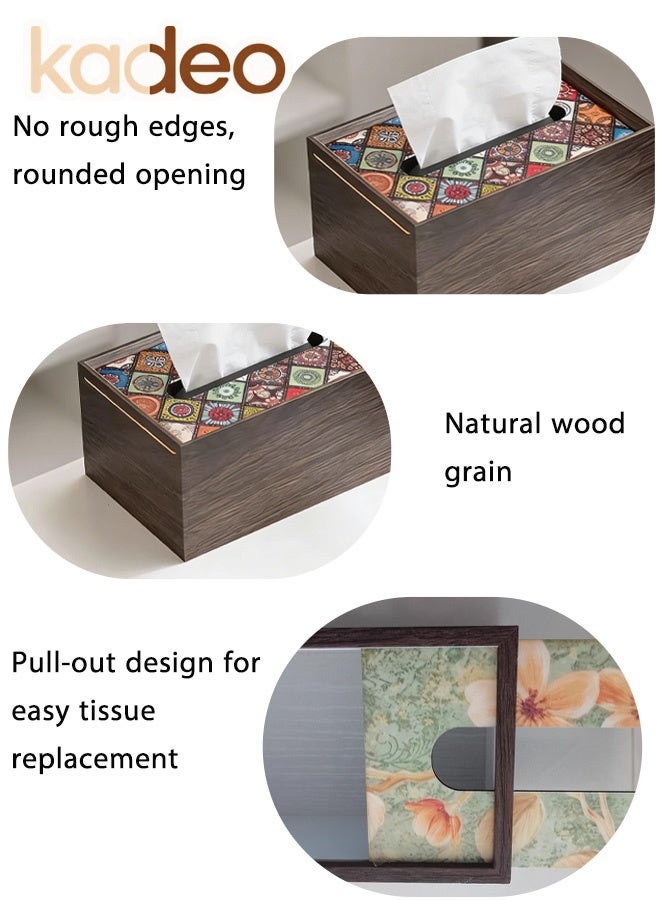 kadeo Wood Tissue Box Cover with Retro Pattern Lid, Rectangle Tissue Holder, Formaldehyde-free Tissue Cover for Bathroom, Tissue Box Cover Rectangular for Home Office 19.7*12.7*9.4CM - Image 2